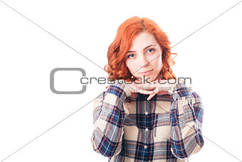 Young woman leaning on her hands, isolated over white background