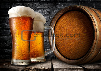 Wooden keg and beer