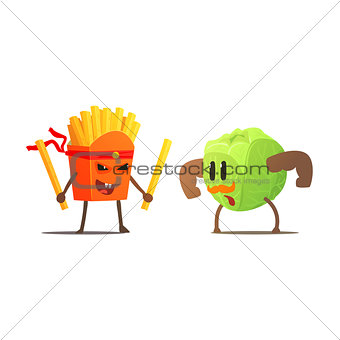 French Fries Against Cabbage Cartoon Fight