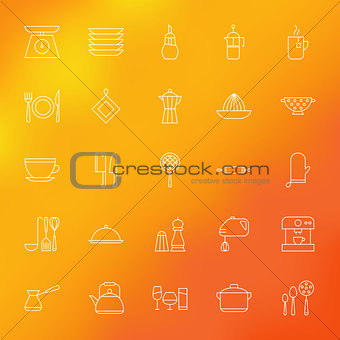 Kitchen Appliances and Cooking Line Icons Set over Blurred Backg