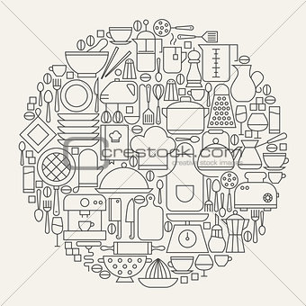 Kitchen Utensils and Cooking Line Icons Set Circle Shape