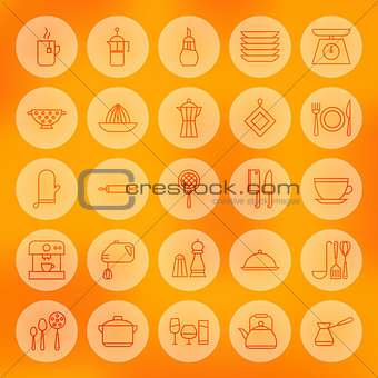 Line Circle Cooking Food and Utensil Icons Set