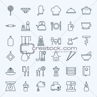 Line Cooking Utensils and Kitchenware Icons Set