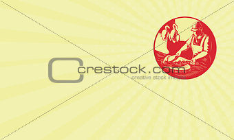 Business card Chinese Cook Chop Meat Oval Circle Woodcut