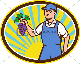 Organic Farmer Boy Holding Grapes Oval Retro