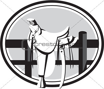 Old Style Western Saddle on Fence Oval Black and White