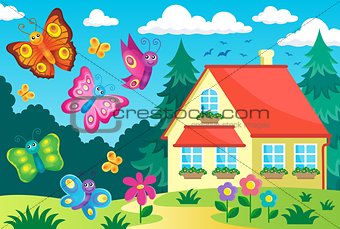 House and happy butterflies