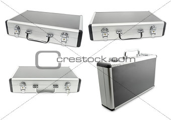 four metallic suitcase isolated on white background.