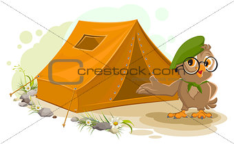 Summer holiday camp. Scout owl standing near tent. Owl bird tourist tent set. Camping