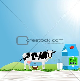 White and Black Spotted Cow with a Bucket Milk vector illustration