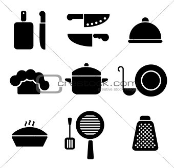 Black minimal kitchen cookware icon set