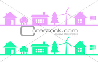 Horizontaly seamless pattern of homes and buildings. Town or city with green technologies implemented such as wind energy and solar energy of sun. Save the earth and trees ecology.