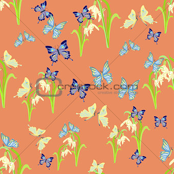 snowdrop flowers and butterflies on a pink. seamless pattern vec