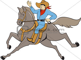 Cowboy Riding Horse Waving Cartoon