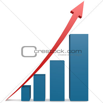 Red arrow and blue bar chart
