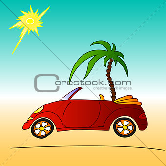 red car and palm tree, cabriolet summer illustration
