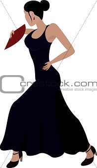 Flamenco dancer in long dress,  with a red  fan