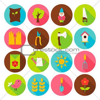 Gardening Tools Circle Icons Set with long Shadow
