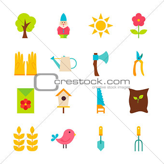 Gardening Tools Flat Objects Set isolated over White