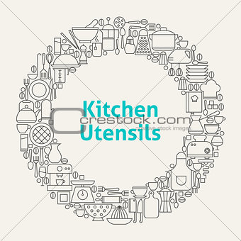 Kitchen Utensils Line Art Icons Set Circle