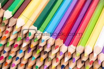 Close up of color pencils pile front facing 