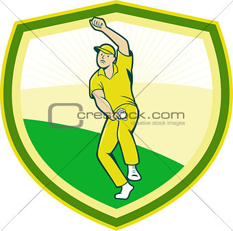 Cricket Player Bowling Crest Cartoon
