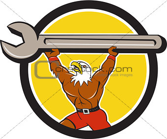 American Bald Eagle Mechanic Spanner Circle Cartoon 