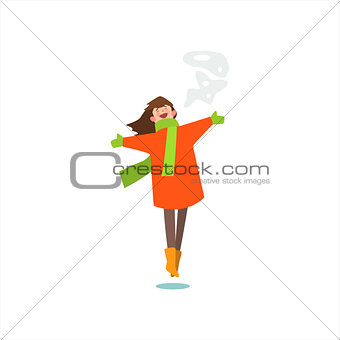 Jumping Girl In Winter Coat