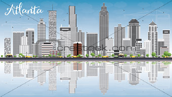 Atlanta Skyline with Gray Buildings, Blue Sky and Reflections.