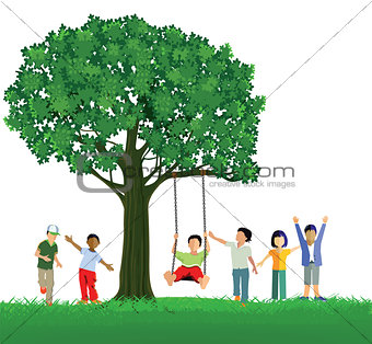 Children swinging on a tree
