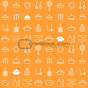 Seamless line kitchen icons orange background