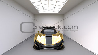 Sports car front view. The image of a sports yellow car on a studio room. 3d illustration.