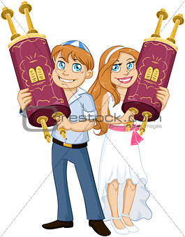 Jewish Boy And Girl Hold Torah For Bar Bat Mitzvah