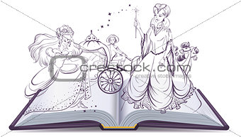 Tale of Cinderella. Open book fantasy tale. Fairy and Cinderella with the glass slipper