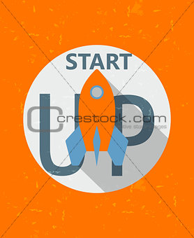 start up and rocket sign, grunge drawn label, business grow conc
