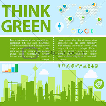Think Green Vector illustration with downtown and infographics