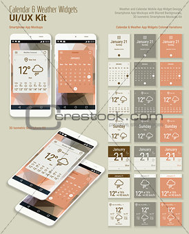 Calendar and Weather Mobile App Widgets UI Designs with Smartphone Mockups