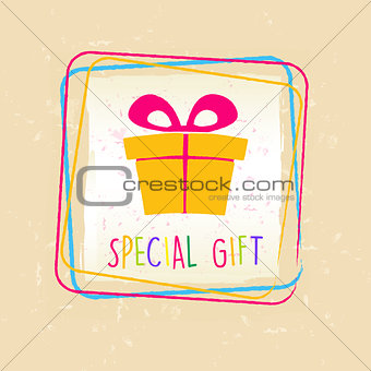 special gift with present box sign in frame over old paper backg