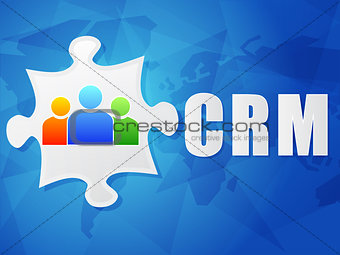 CRM and puzzle piece with person signs, flat design