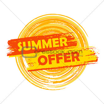 summer offer with sun sign, yellow and orange drawn label