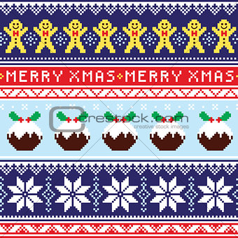 Christmas jumper or sweater seamless pattern with gingerbread man and Christmas pudding