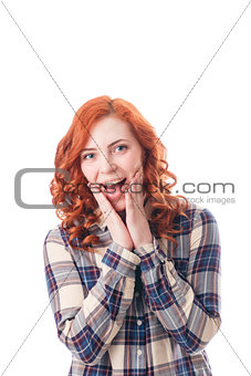 Close-up portrait of surprised beautiful girl. Over white background.