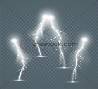 Set of the isolated realistic lightnings with transparency for design.