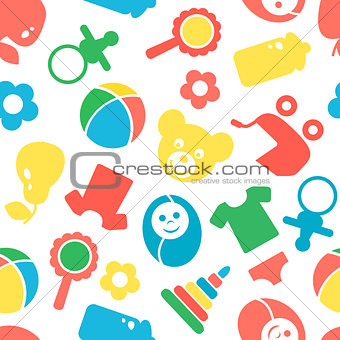 Seamless pattern with cute baby accessories on white background.