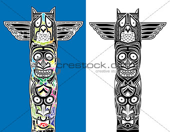 indian totem carved owl and scary faces