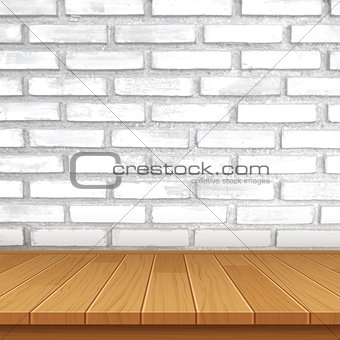 vector wood table top on brick wall background