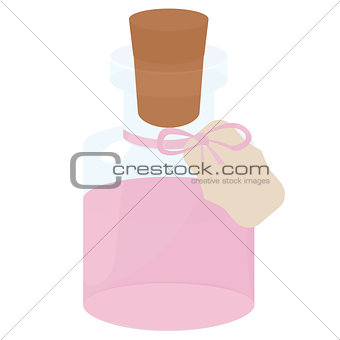 Glass small Bottle  with pink water and tag wood cork