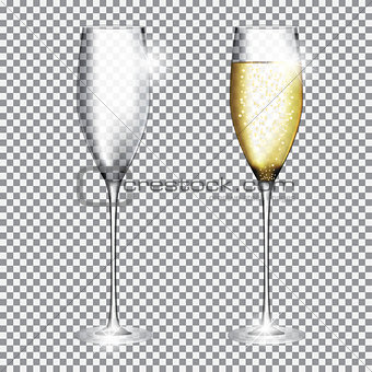 Glass of Champagne Full and Empty on Transparent Background Vect