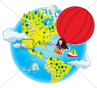 Little girl flying in the air balloon