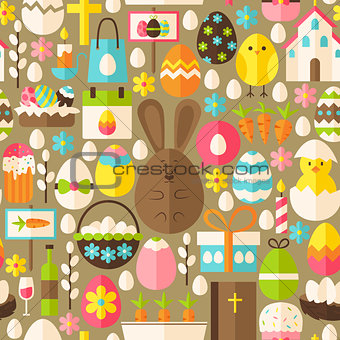 Happy Easter Holiday Vector Flat Light Brown Seamless Pattern